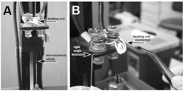 Preparation of microcannula. (A) An electrode puller (Stoelting Co. Wood Dale, IL) is used to produce a microcannula with a long, tapering shank. (B) The heating coil may be reoriented for ease of use, and the microcannula is placed within the coil, allowing a right-angle bend to be formed using forceps as the glass tubing is heated.